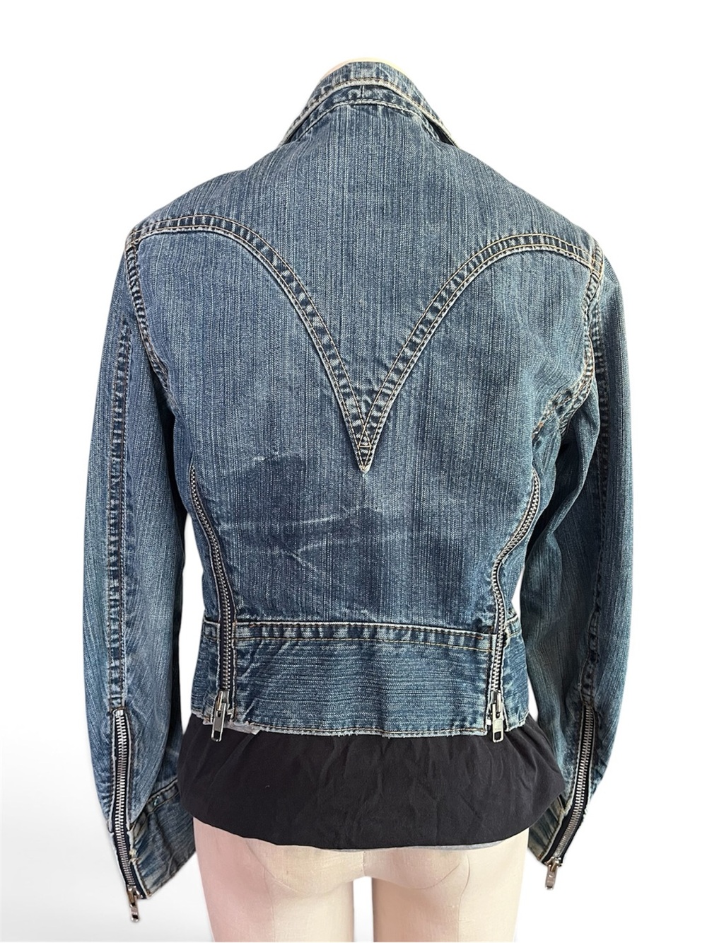 Levi's Red Label Distressed Blue Denim Multi Zipper Moto Jacket - Picture 3 of 10